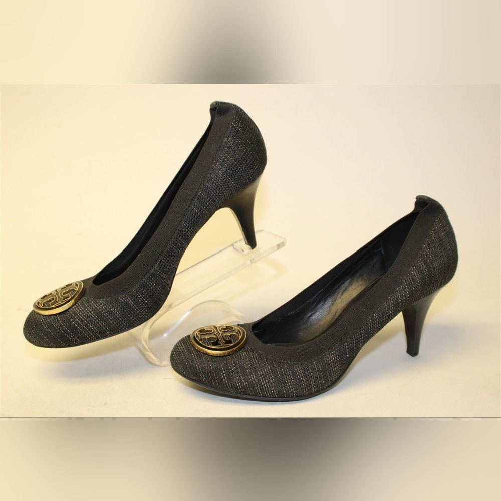 Tory Burch Designer Caroline Tweed Mid Black Heels Pump Stiletto 9